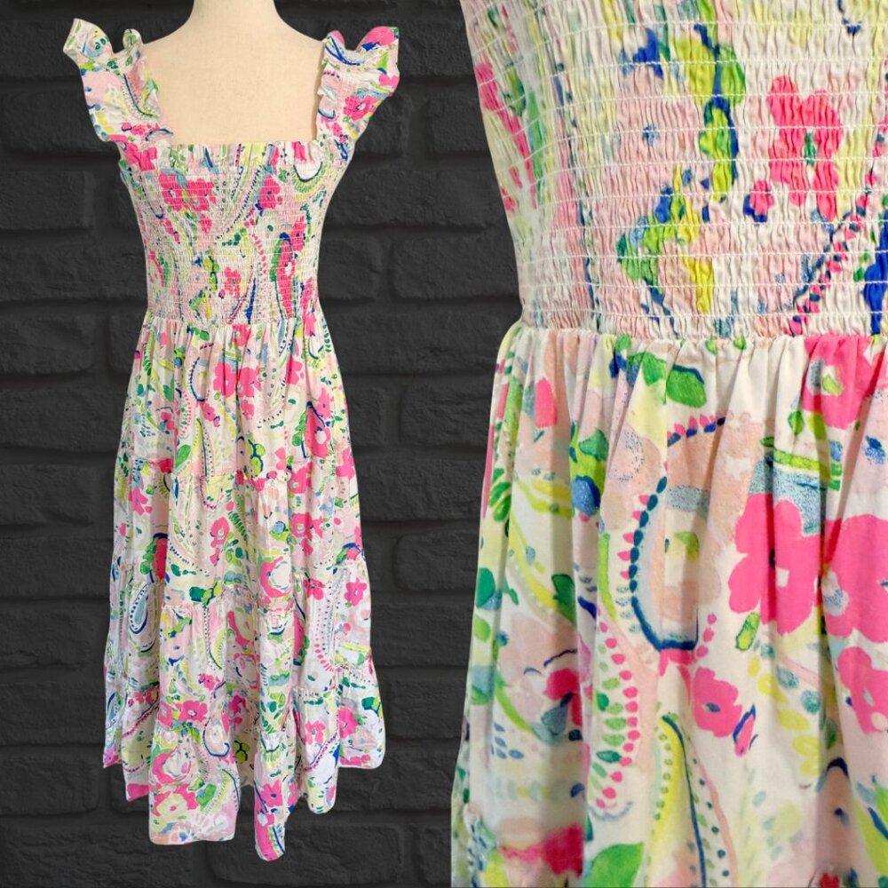 NWT Crown & Ivy Size Medium Smocked Midi Dress Floral Pink Green Sleeveless